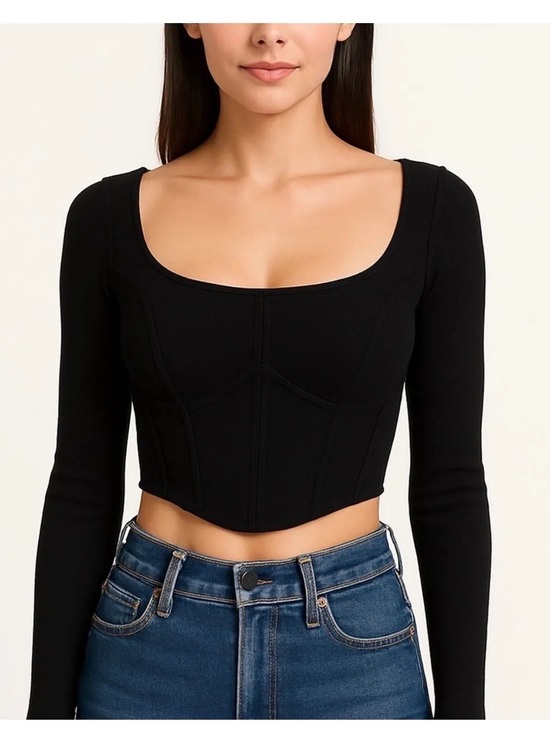 House of Harlow 1960 Tops - House of Harlow 1960 Black Long-Sleeve Square Neck Crop Top
